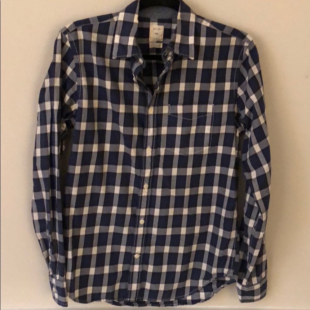 Men’s Gap Plaid Button Down Shirt Blue White Work Casual Cotton Chambray S